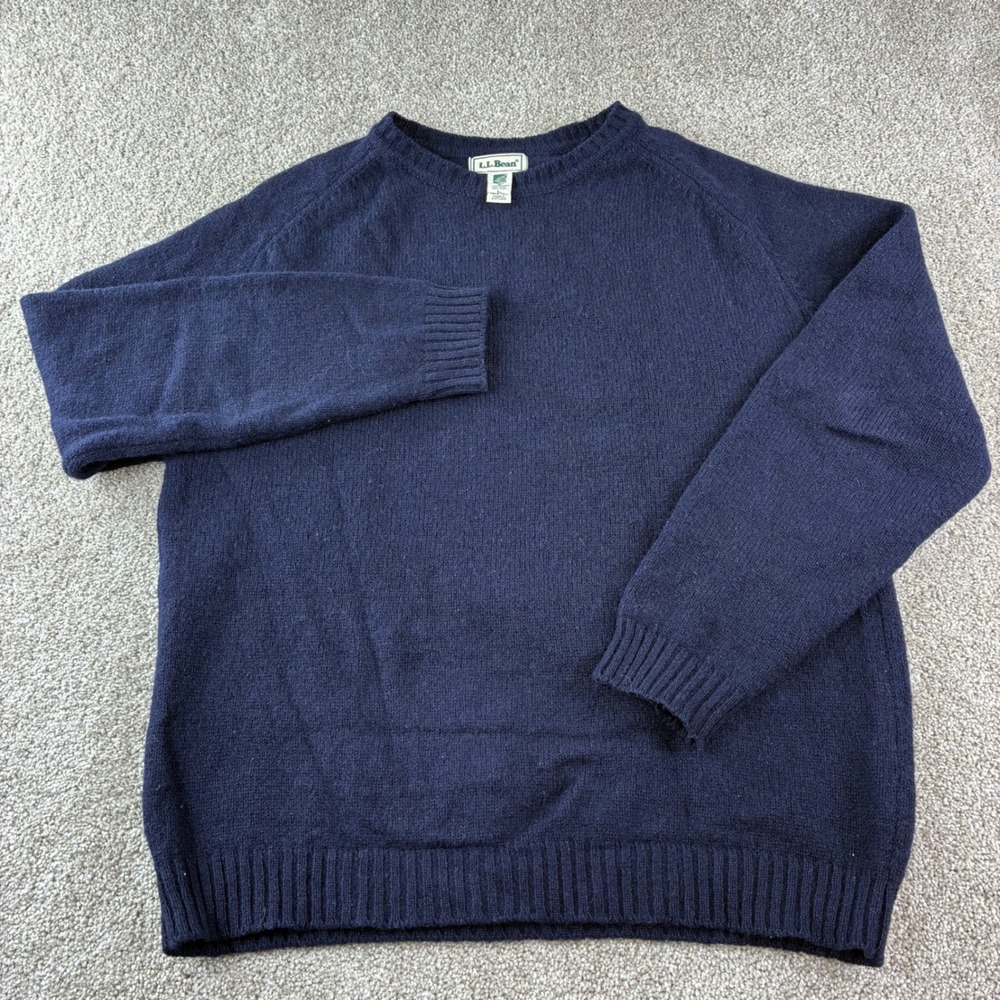 L L Bean Vintage 100% New Zealand Wool Sweater L Tall Crewneck Navy Blue Classic